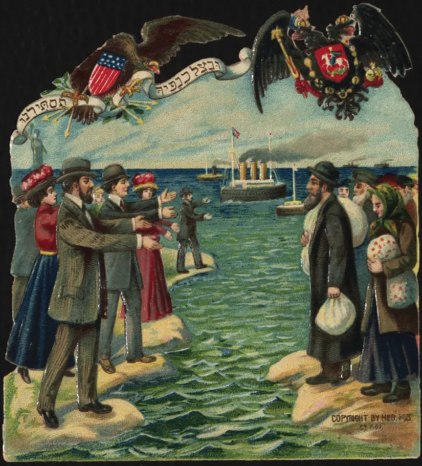 Kolorowa ilustracja. Dwie grupy ludzi na przeciwległych brzegach lądu oddzielonego wodą. Ludzie stojący na lewym brzegu wyciągają ręce do tych na prawym brzegu.