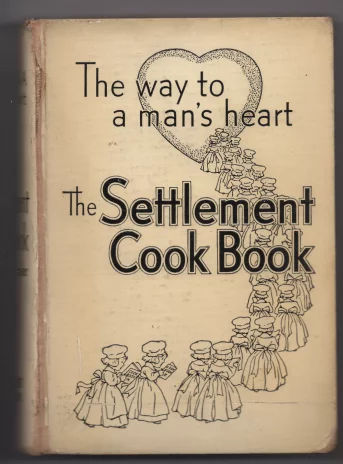 Okładka książki. Tytuł w języku angielskim: The way to a man's heart. The Settlement Cook Book, co oznacza: Droga do serca mężczyzny. Osadnicza książka kucharska.
