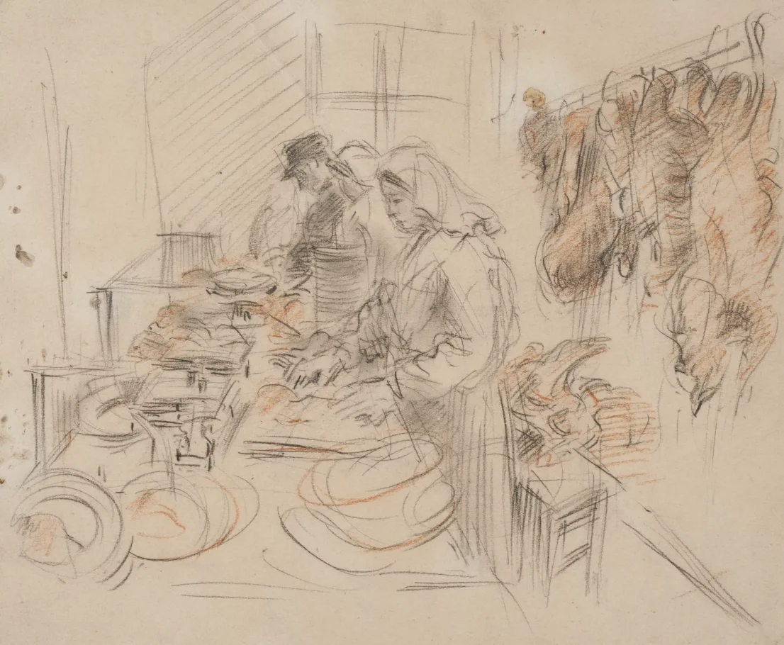 Kolorowy rysunek trzech osób. Krzątają się przy stołach. Na nich naczycia i talerze z jedzeniem.