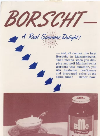 Karteczka z nadrukiem w języku angielskim: Borscht, czyli barszcz. Poniżej ilustracja: talerz i słoik z barszczem.