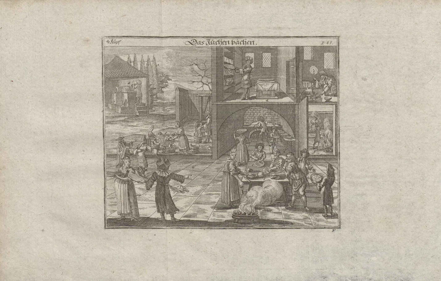 Czarno-biała ilustracja złożona z kilku scenek przedstawiających tworzenie różnych żydowskich potraw na święto Pesach.