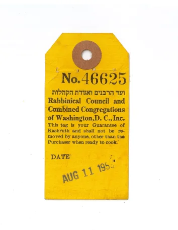 Yellow, rectangular stamp with cut upper corners.  On the stamp the content of the certificate. In the upper part a small hole.