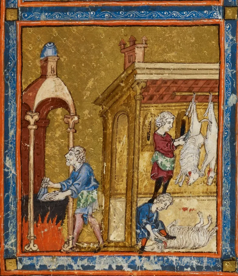 Colorful illustration. On the left, the man holds the dishes over the fire. On the right, under a roof, two men kill sheep.
