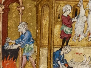 Kolorowa ilustracja. Z lewej strony mężczyzna trzyma naczynia nad ogniem. Z prawej pod zadaszeniem dwóch mężczyzn zabija owce.