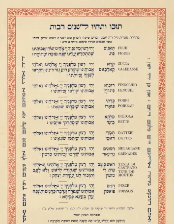Yellowed sheet of paper. In the frame there is a fine black print in the Hebrew alphabet.