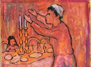 The image is mainly in shades of orange and pink. A fragment of a table covered with a tablecloth. There is a girl sitting at the table, a woman standing on the other side. On the table two candles in high candlesticks. The woman raises her hands towards the candles.