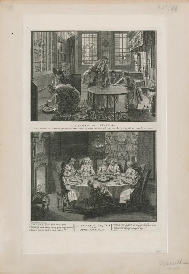 Two black and white illustrations. At the top, several people put the apartment in order. Downstairs, several people sit around a round table during a meal.