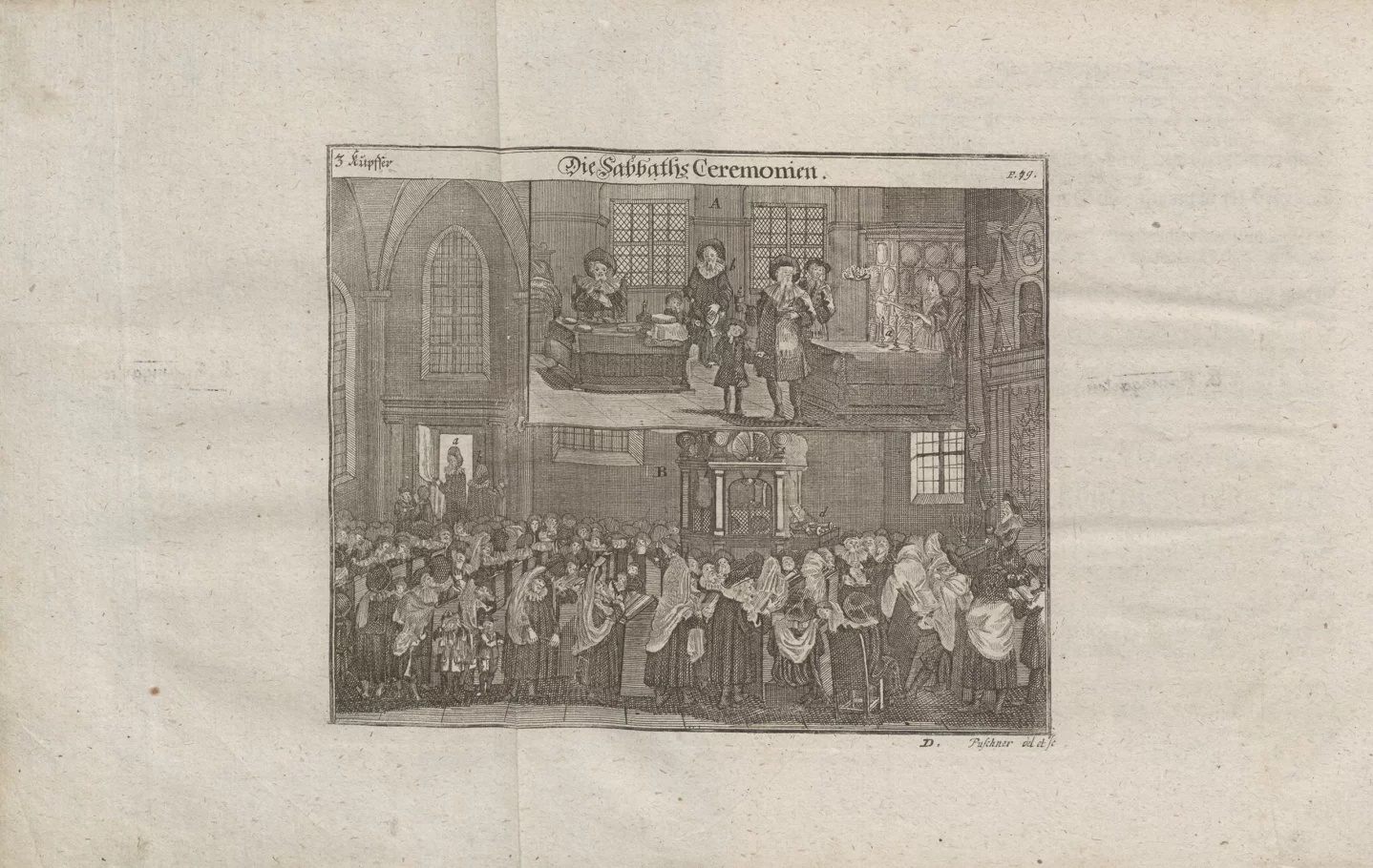 Black and white illustration. At the top, a few people gathered around the table. In the lower part there is a crowd of people in the synagogue.
